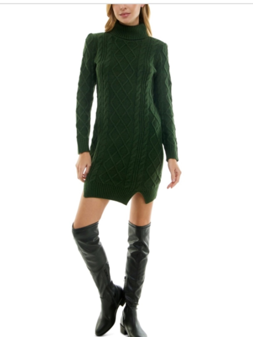 Crystal Doll Juniors' Cable Knit Turtleneck Sweater Dress - Dark Olive